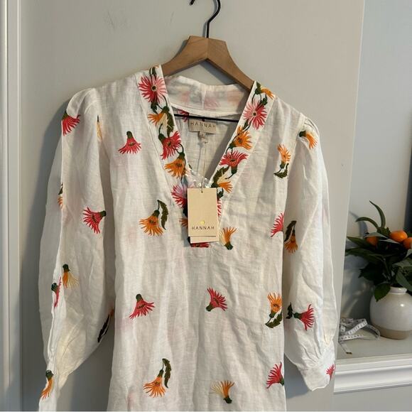 NWT HANNAH Artwear White Orange Pink Linen Floral Embroidered Mini Dress 1 Small - Picture 14 of 15